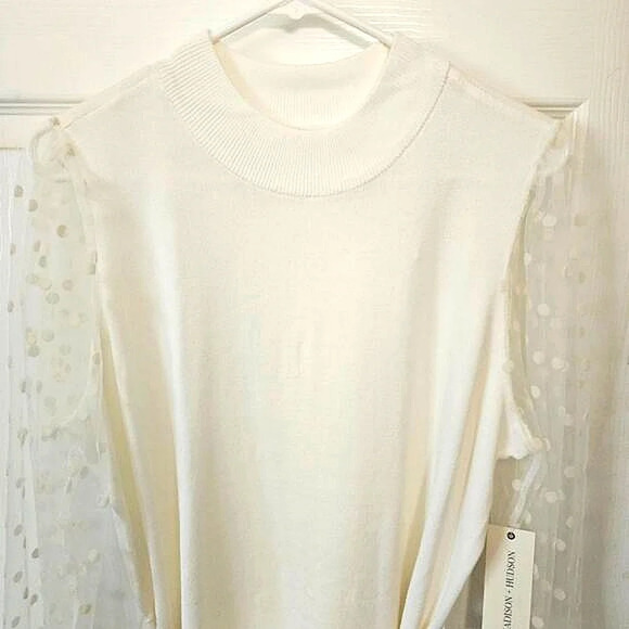 NWT Madison & Hudson Off White Sweater Dress, Size Petite Large Sheer Polka Dots - Picture 2 of 11